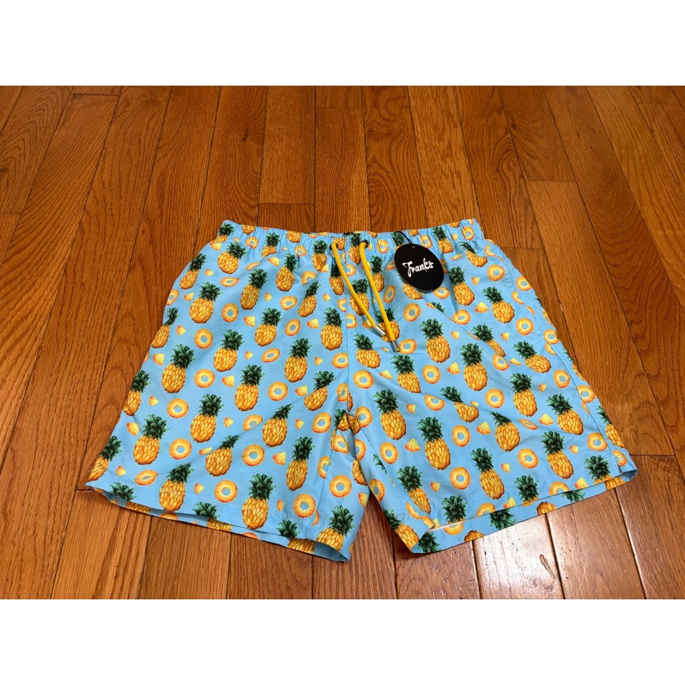 Franks Mens Blue Pineapple Print Swim Trunks Mesh Lined Board Shorts Medium NEW